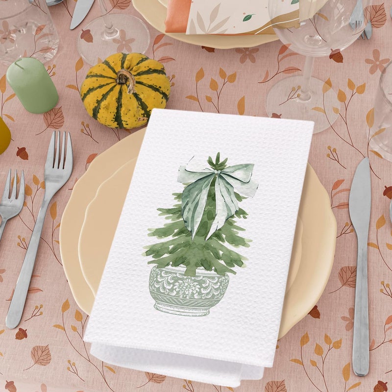 SPBL&L Chinoiserie Christmas Kitchen & Bath Towels, Sage Green Porcelain Chinoiserie Tree Hand & Dish Towels, 16x24 Inch - Image 4